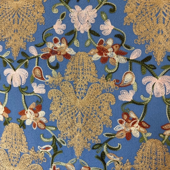 Blue Embroidered Wool Blend Scarf Made in Nepal – Floral Golden Tapestry Wrap - Picture 7 of 9